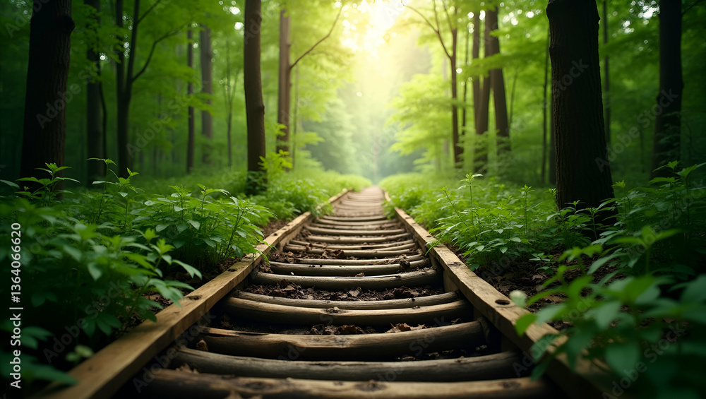 Fototapeta premium Explore Nature's Tranquility: A Flat Wooden Ladder Ascending Through a Lush Green Forest - A Cute Vector Illustration of Outdoor Adventure and Serenity
