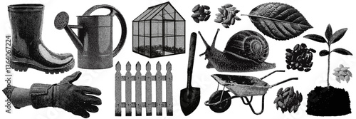 Set of gardening and nature halftone grunge vector design elements