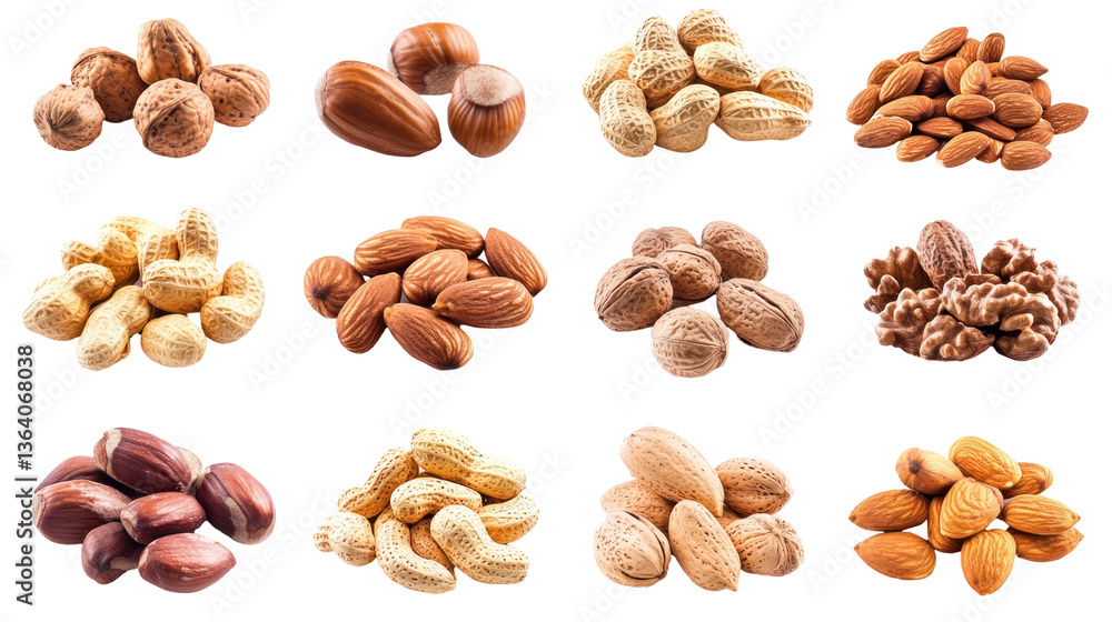 Obraz premium A diverse assortment of nuts including almonds, walnuts, and peanuts arranged neatly on a white background for culinary use