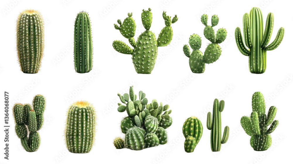 A diverse collection of cacti showcasing various shapes and sizes, set against a clean background, ideal for botanical studies A diverse collection of cacti showcasing various shapes and sizes, set against a clean background, ideal for botanical studies