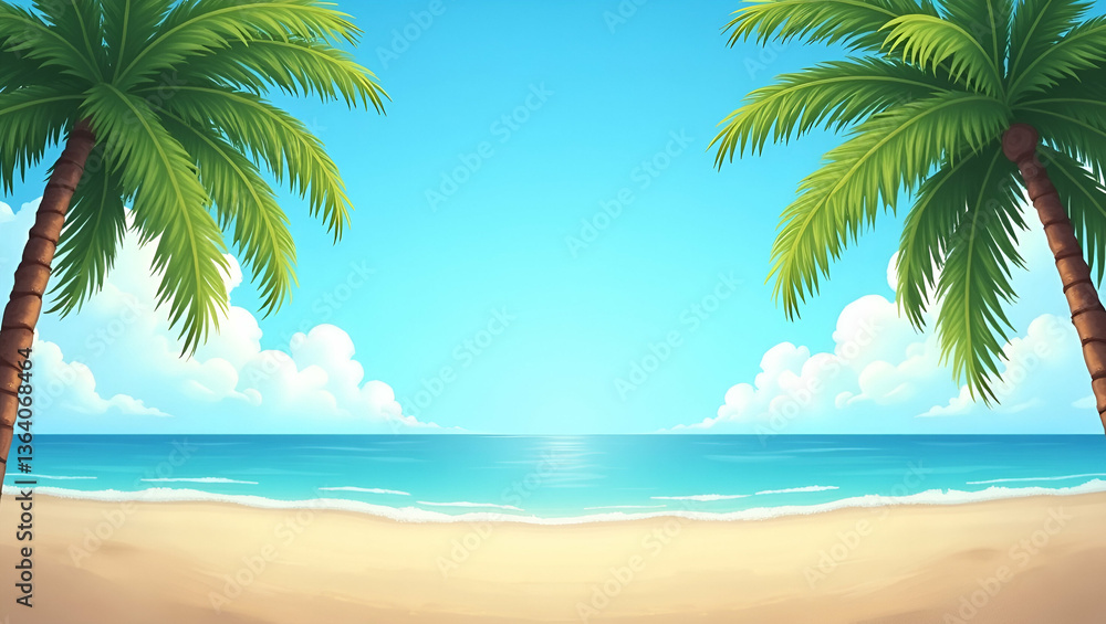 Obraz premium Flat Sand with palm trees and tropical beach background offers creative frame design for summer vacation and travel advertising concepts. concept as Highlights relaxation and adventure offering a sere