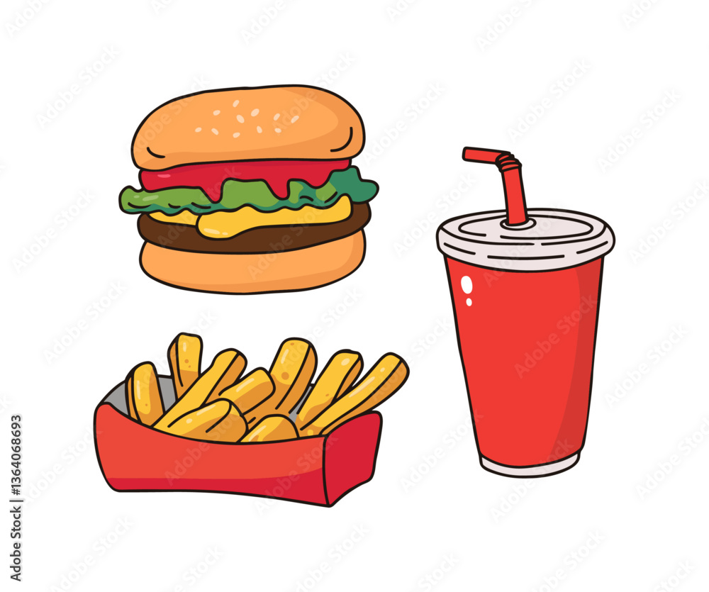 French fries, hamburger and soda Fast food illustration