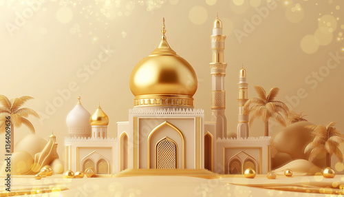 Golden mosque with solid golden background, islamic background assets