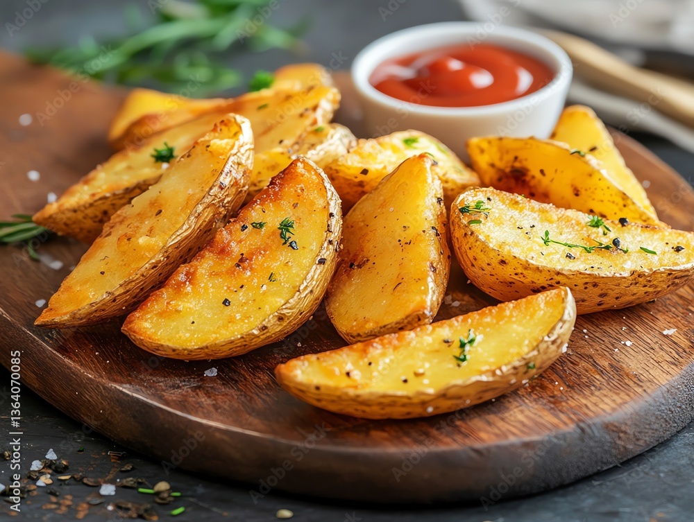 Golden Potato Wedges with Dipping Sauce on a Wooden Board Golden Potato Wedges with Dipping Sauce on a Wooden Board