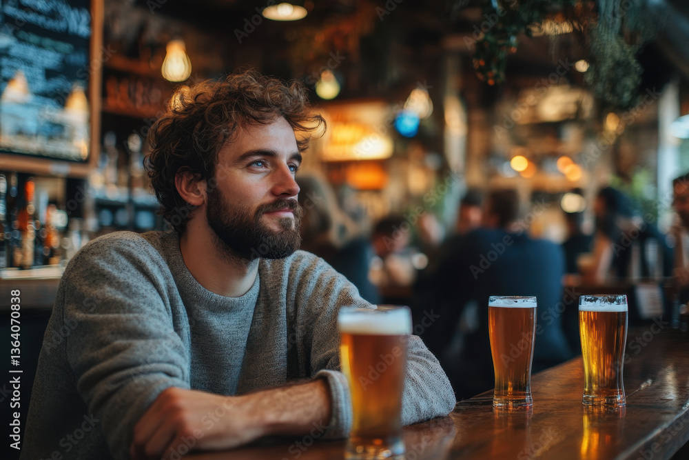 Man sitting at bar with beer, looking contemplative. Brightly lit bar setting with bottles in background, creating a relaxed atmosphere. Man sitting at bar with beer, looking contemplative. Brightly lit bar setting with bottles in background, creating a relaxed atmosphere.
