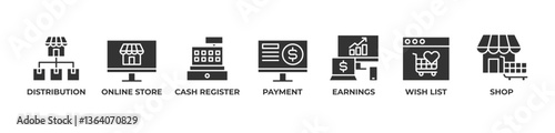 Smart Commerce Icons set vector illustration with Distribution, Online Store, Cash Register, Payment, Earnings, Wish List, Shop