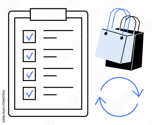 Clipboard with marked checklist, two shopping bags, and two circular arrows. Ideal for productivity, task management, shopping, organization, efficiency e-commerce workflow. Abstract line flat