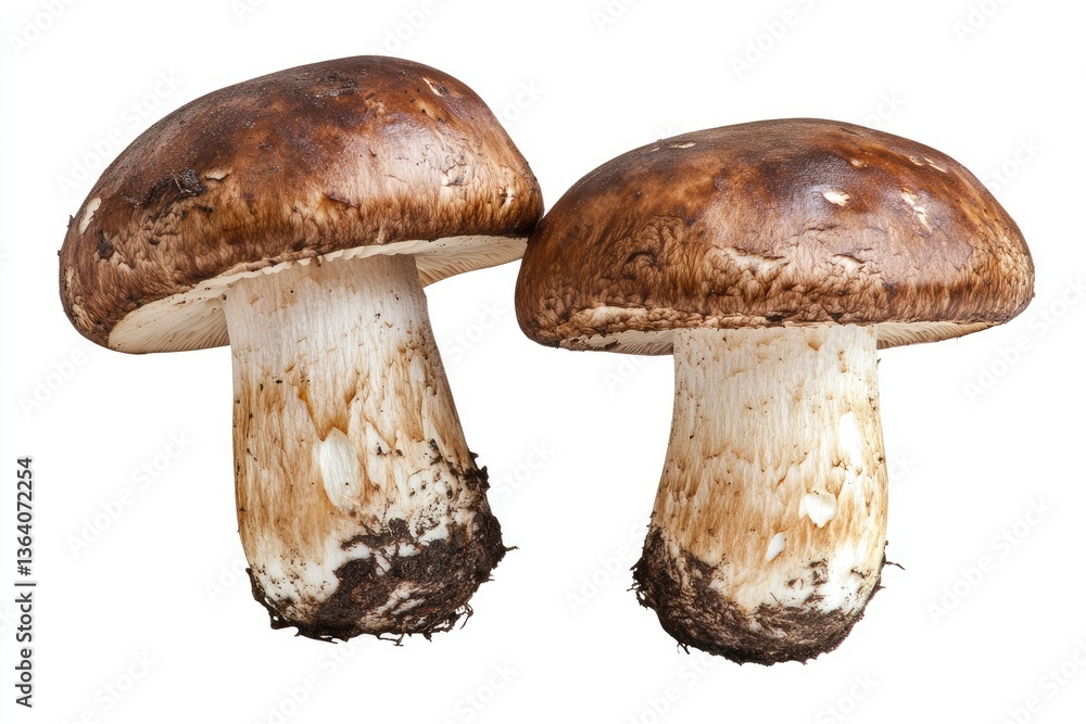 Two whole mushrooms, side-by-side, with earthy tones. Cap displays rich brown hue, while the stem is off-white with visible dirt Two whole mushrooms, side-by-side, with earthy tones. Cap displays rich brown hue, while the stem is off-white with visible dirt