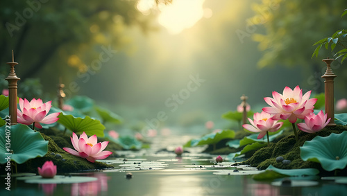 Wallpaper Mural Peaceful Lotus Ponds and Intricate Dharma Wheels for Serene Vesak Messages in Photo Stock Torontodigital.ca