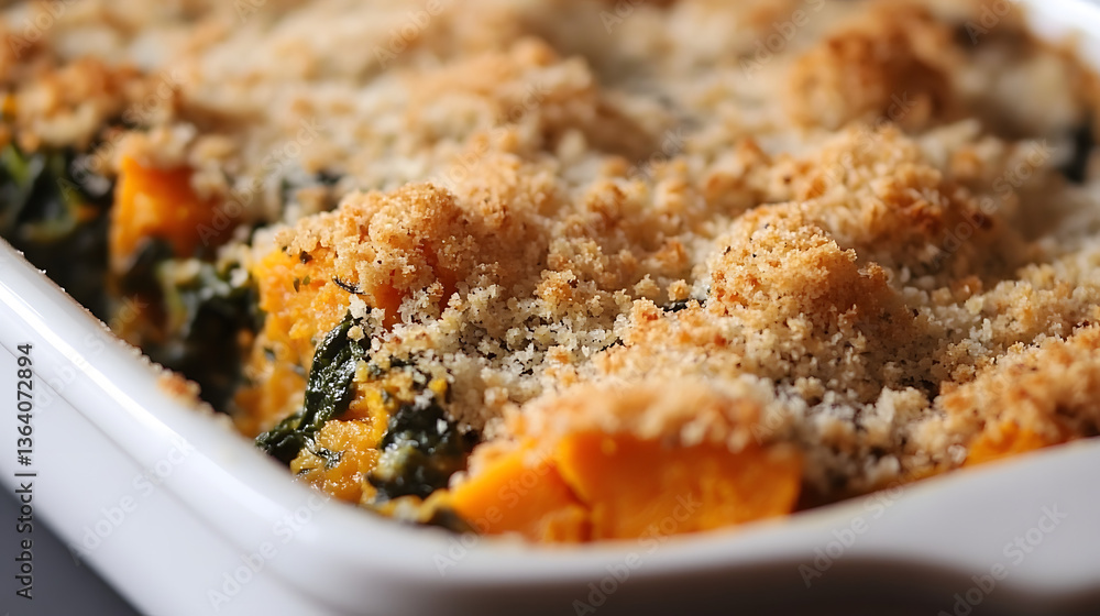 A spinach and sweet potato casserole topped with breadcrumbs and cheese. A spinach and sweet potato casserole topped with breadcrumbs and cheese.