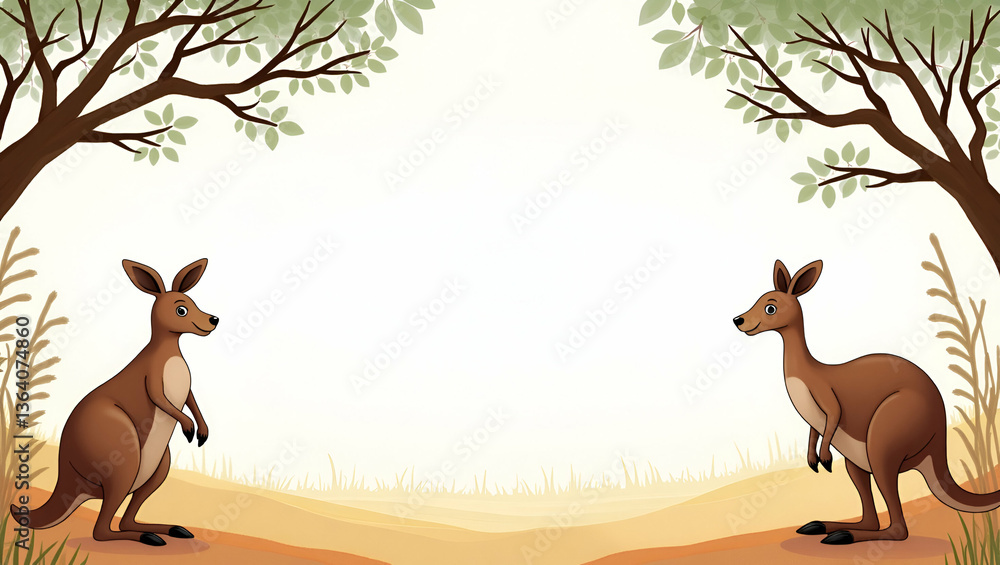 Fototapeta premium Playful Kangaroos and Elegant Emus Frame Festive Copy Space for Australia Day: Perfect Photo Stock Concept with Empty Space for Your Celebratory Messages