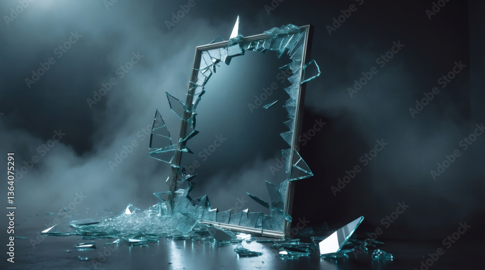 Fototapeta premium Shattered Illusion: A frame with broken glass evoking feelings of destruction, fragility, and the end of something.