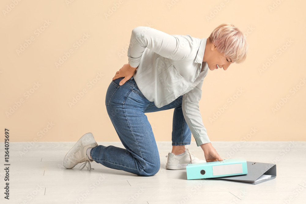 Mature woman suffering from back pain and dropping folders on beige background Mature woman suffering from back pain and dropping folders on beige background