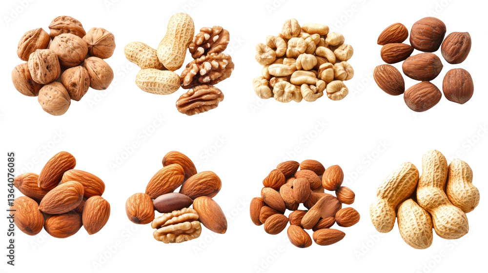 A vibrant assortment of various nuts including almonds, peanuts, and walnuts displayed on a clean white background A vibrant assortment of various nuts including almonds, peanuts, and walnuts displayed on a clean white background