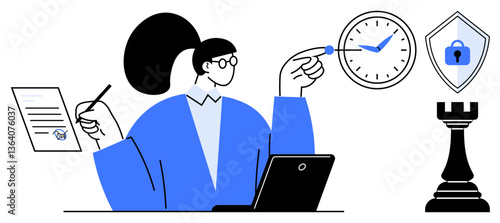 Business professional interacting with clock, document, laptop, shield with lock, chess rook. Ideal for productivity, time management, security, strategy planning organization decision-making
