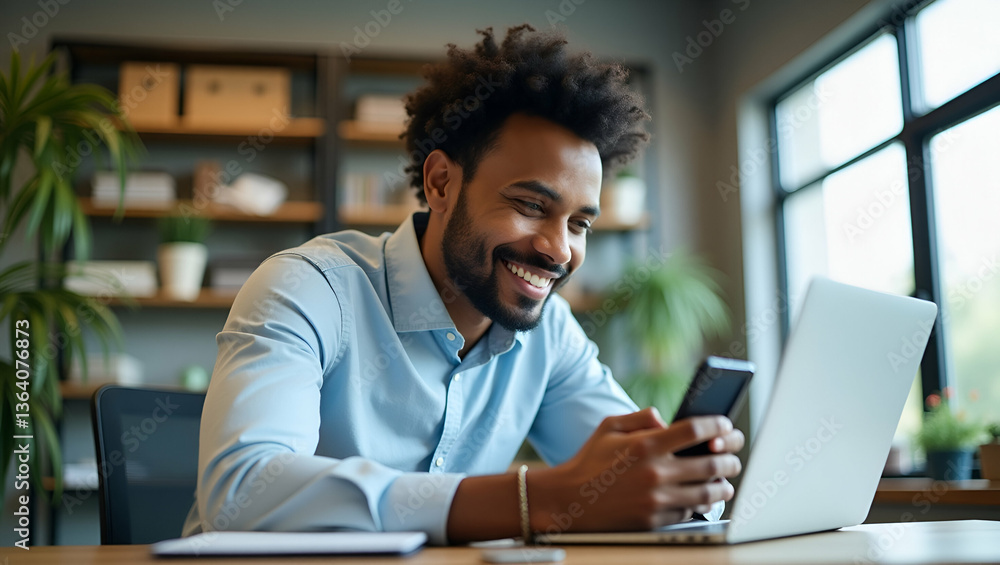 Flat Portrait of happy African business man employee or student using smartphone at work smiling young adult male professional worker holding cell phone smart mobile tech working in office sitting at Flat Portrait of happy African business man employee or student using smartphone at work smiling young adult male professional worker holding cell phone smart mobile tech working in office sitting at