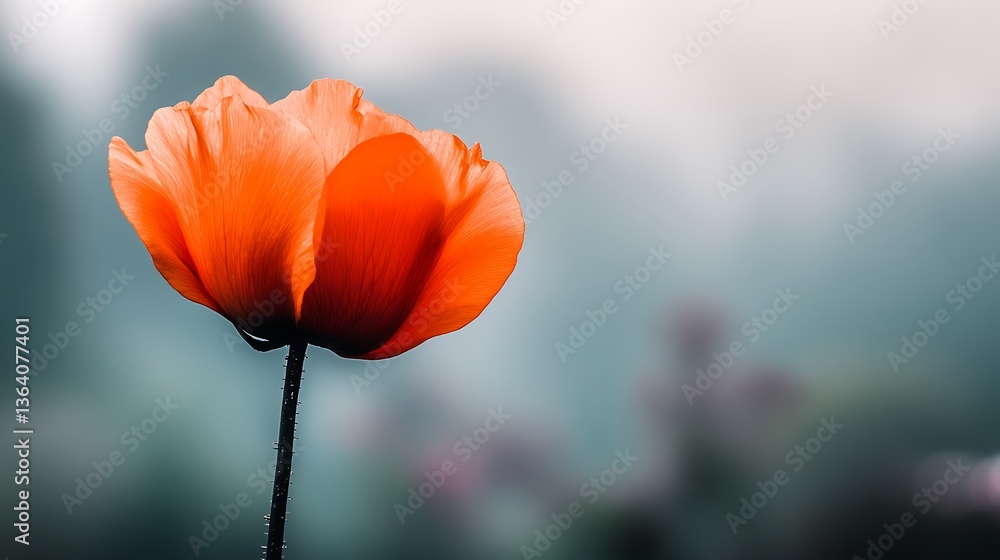 Naklejka premium A vibrant orange poppy flower is blooming against a blurry backdrop