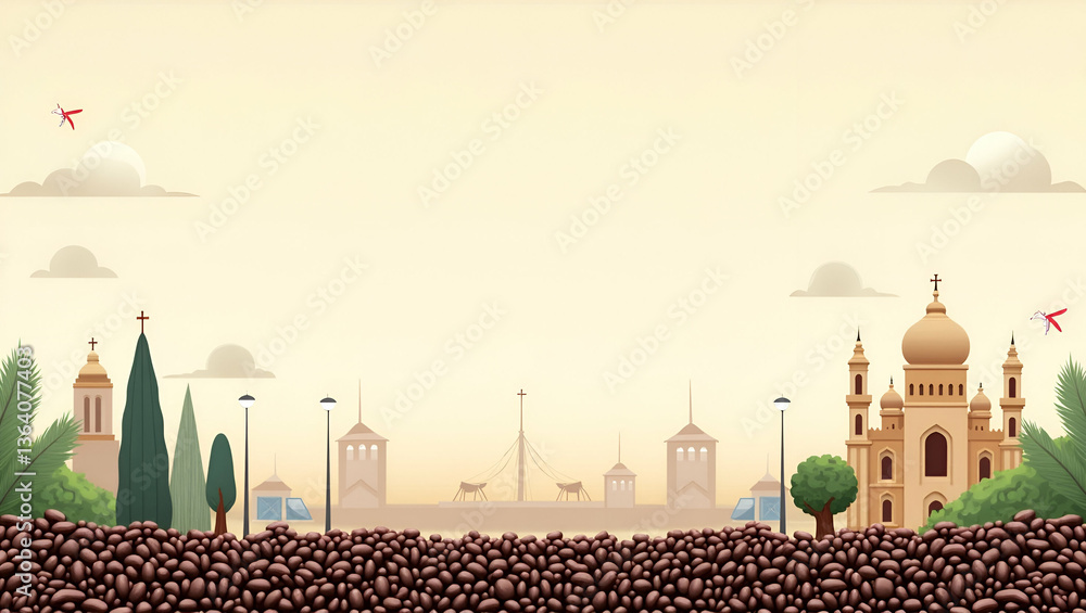 Obraz premium Explore Iconic Travel Landmarks Framed by Coffee Elements: Perfect Copy Space for International Coffee Day Global Campaigns in Stunning Photo Stock
