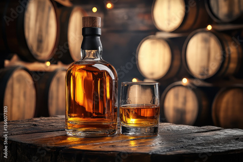 Whiskey bottle and glass on wooden table, with barrels in background.