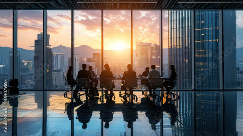 team meeting in high rise office with sunset view over city