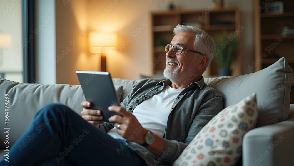 Mature Man Relaxing on Couch with Digital Tablet: A Comfortable Home Living Room Illustration Mature Man Relaxing on Couch with Digital Tablet: A Comfortable Home Living Room Illustration