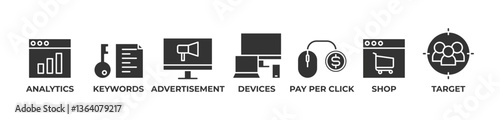 Smart Digital Marketing Icons set vector illustration with Analytics,  Keywords, Advertisement, Devices, Pay Per Click, Online Shop,  Target