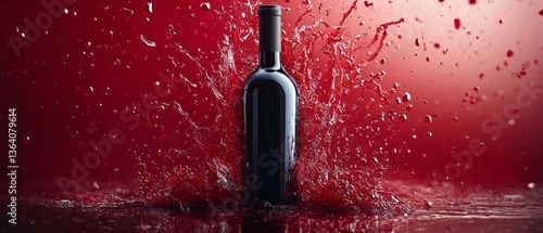A wine bottle stands against a red liquid splash background