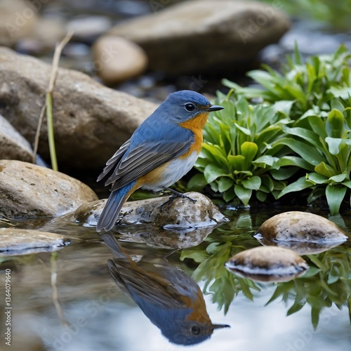 Calm Waterside: A Dull Blue Flycatcher in a Serene Setting