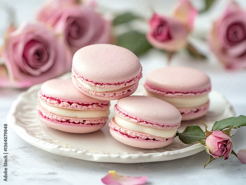 Pink Macarons on Plate with Roses Soft Pastel Food Dessert Pink Macarons on Plate with Roses Soft Pastel Food Dessert