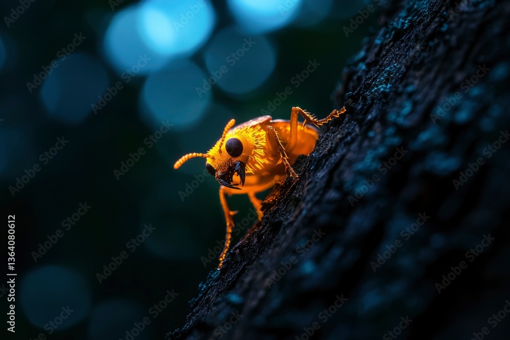Obraz premium Orange insect on bark, bokeh effect