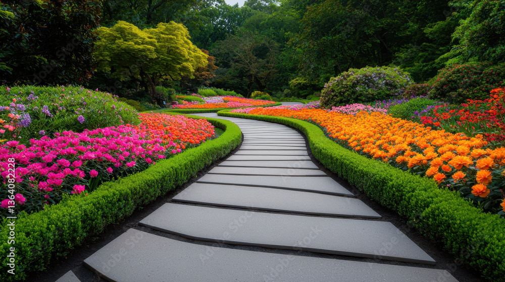 Obraz premium vibrant garden path winds through stunning array of colorful flowers, showcasing harmonious blend of pink, orange, and green hues. lush landscape invites tranquility and beauty