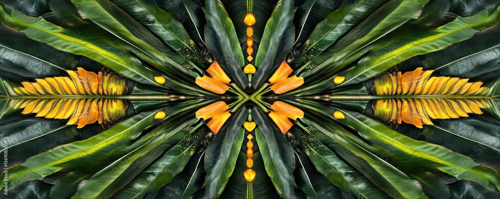 Obraz premium A vibrant green and yellow flower blooms gracefully at the center, its petals radiating warmth. Lush green leaves encircle it, creating a lively, natural backdrop that enhances its beauty.