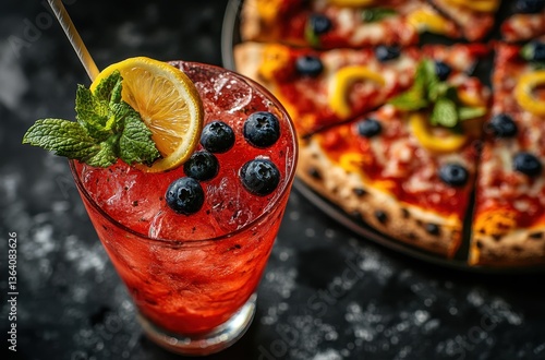 Refreshing Red Cocktail with Lemon and Berries Next to Delicious Pizza on Dark Table Setting