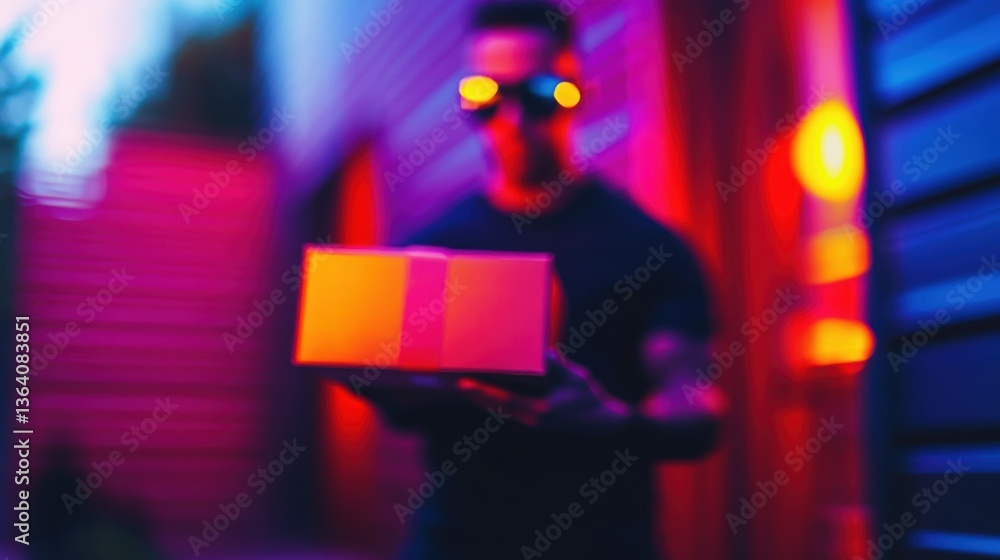 custom made wallpaper toronto digitalA figure stands in a dimly lit alley, gripping a colorful package while surrounded by striking, colorful lights during twilight