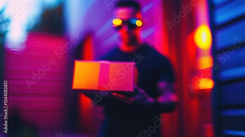 Wallpaper Mural A figure stands in a dimly lit alley, gripping a colorful package while surrounded by striking, colorful lights during twilight Torontodigital.ca