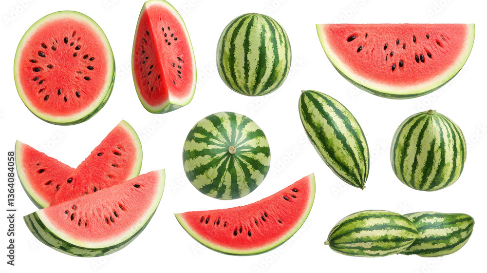 Freshly cut watermelons displayed artistically on a white background, showcasing vibrant colors and textures Freshly cut watermelons displayed artistically on a white background, showcasing vibrant colors and textures