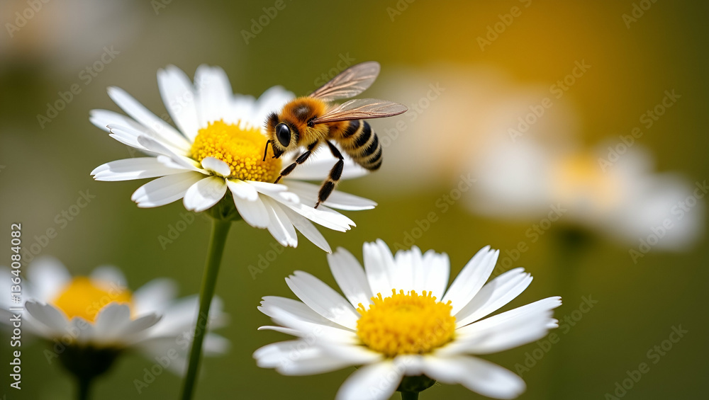 Obraz premium Flat Bee Collects Nectar from White Chrysanthemum Flowers in Autumn Garden - A Cute Vector Illustration