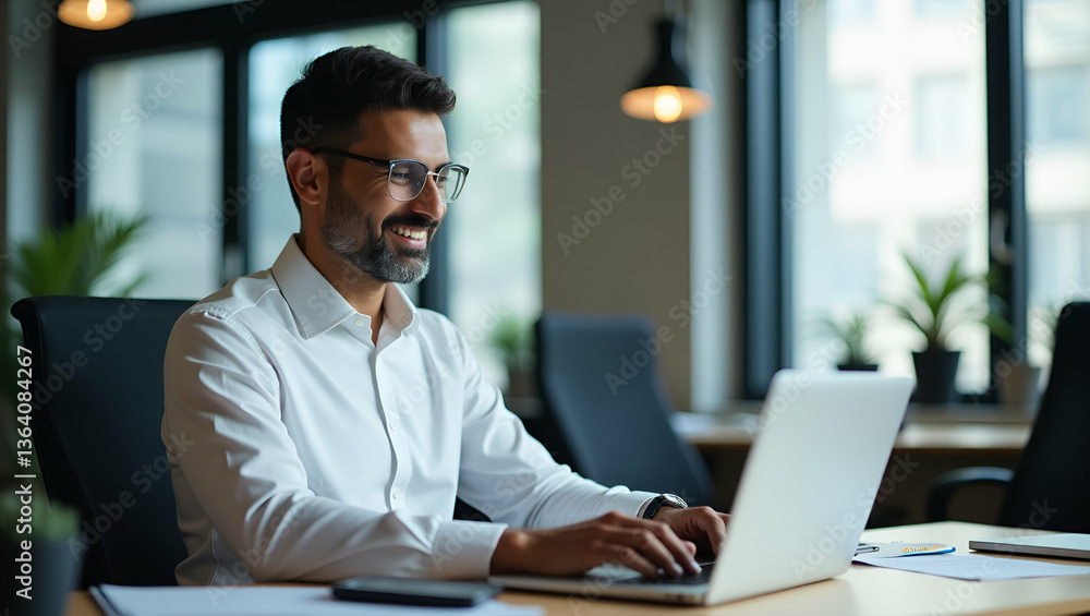 Smiling Indian Businessman Working on Laptop in Modern Office Space Smiling Indian Businessman Working on Laptop in Modern Office Space