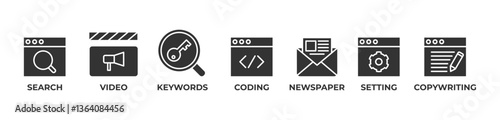 Comprehensive Digital Strategy Icons set vector illustration with  Search, Video, Keywords, Coding, Newspaper, Setting, Copywriting