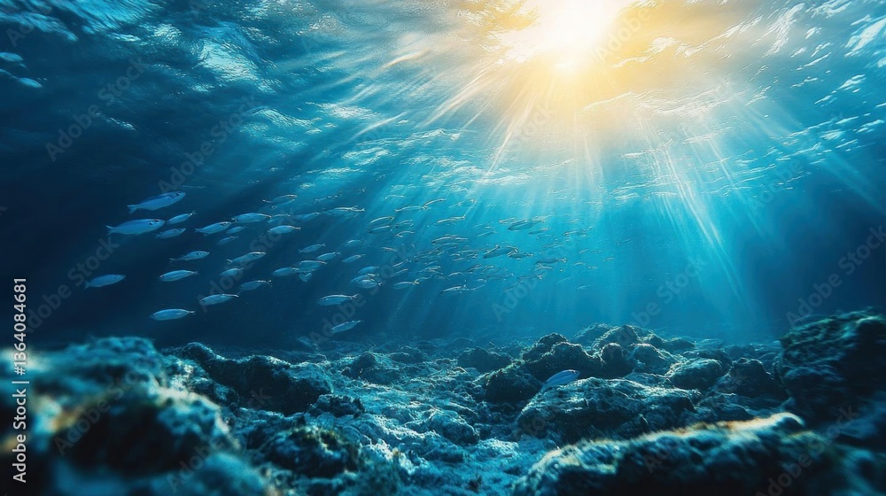 Fototapeta premium Underwater Ocean Scene Sunlight Rays Fish Reef