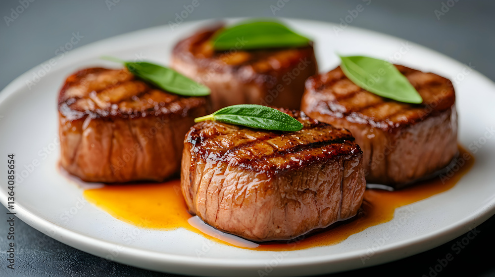Four Grilled Filet Mignon Steaks on a White Plate Four Grilled Filet Mignon Steaks on a White Plate