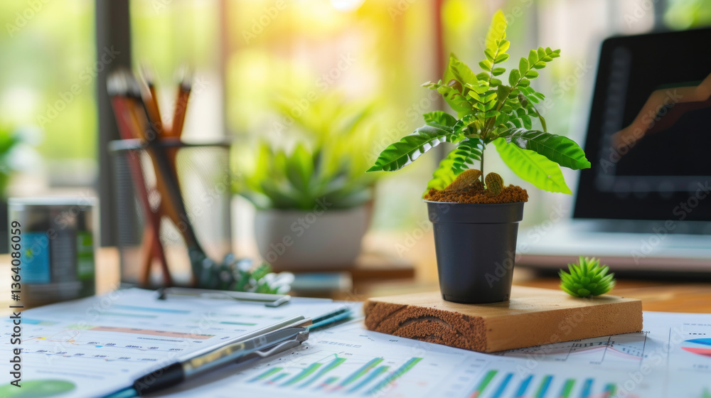 Eco friendly business concept with desktop garden and office supplies Eco friendly business concept with desktop garden and office supplies