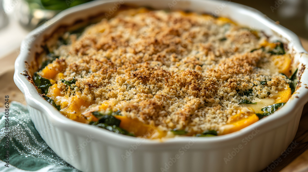 A spinach and sweet potato casserole topped with breadcrumbs and cheese. A spinach and sweet potato casserole topped with breadcrumbs and cheese.