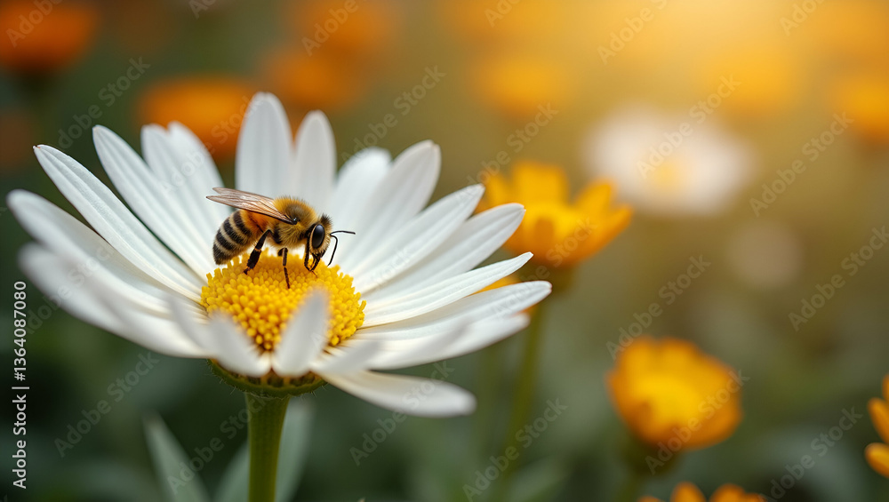 Obraz premium Flat Bee Collecting Nectar from White Chrysanthemums: Autumn Garden Beauty