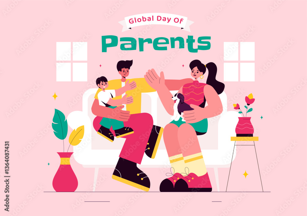 Obraz premium Global Day of Parents Vector Illustration featuring the Importance of Parenthood and Togetherness Between Mother, Father, and Kids in a Background