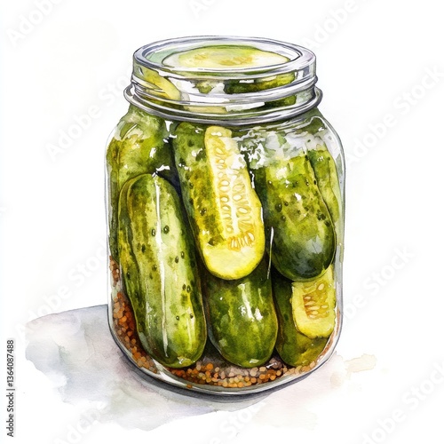 Pickled cucumbers in a glass jar.  A watercolor illustration of dill pickles