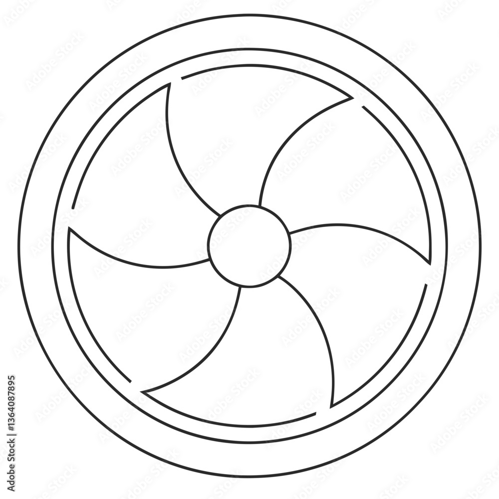 A stylized circular design evoking a sense of motion and energy, with a central core and radiating symmetrical petals in a minimalist black line art style. A stylized circular design evoking a sense of motion and energy, with a central core and radiating symmetrical petals in a minimalist black line art style.