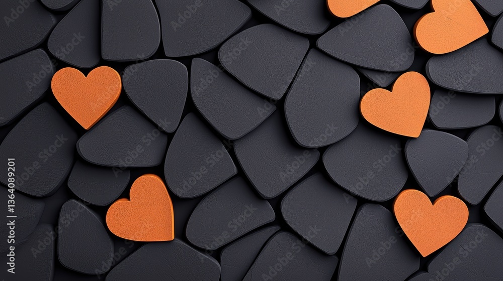 A textured background of black stones scattered with vibrant orange heart shapes, creating a visually striking contrast. A textured background of black stones scattered with vibrant orange heart shapes, creating a visually striking contrast.