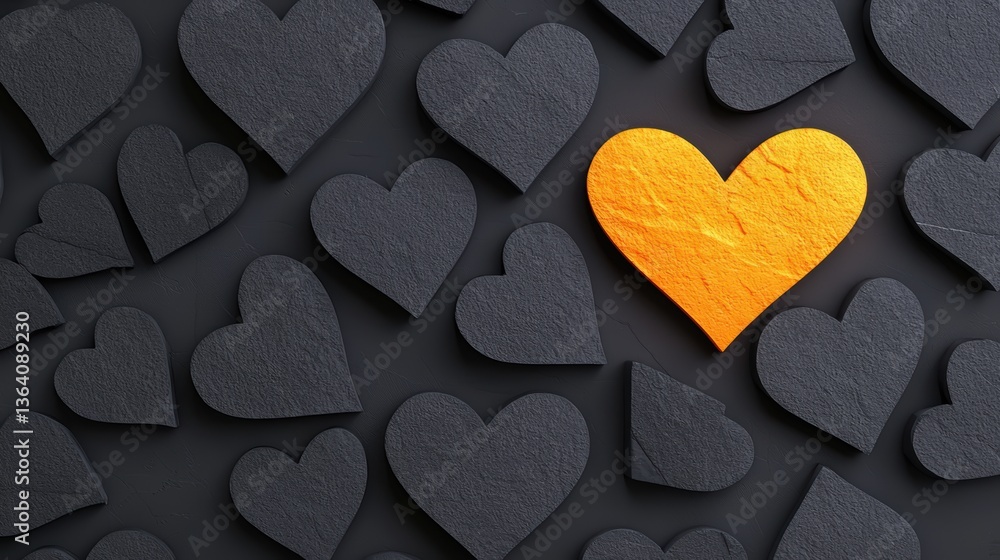 Obraz premium A vibrant orange heart stands out among numerous black hearts, symbolizing uniqueness and individuality in a visually striking arrangement.