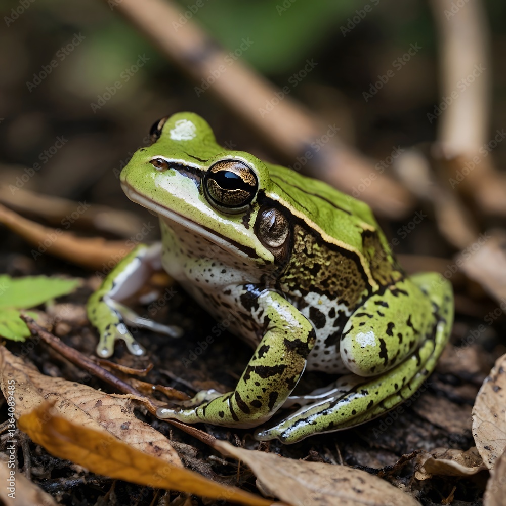 Obraz premium Boreal Chorus Frog Calling Out by Pond, Ripples and Evening Glow